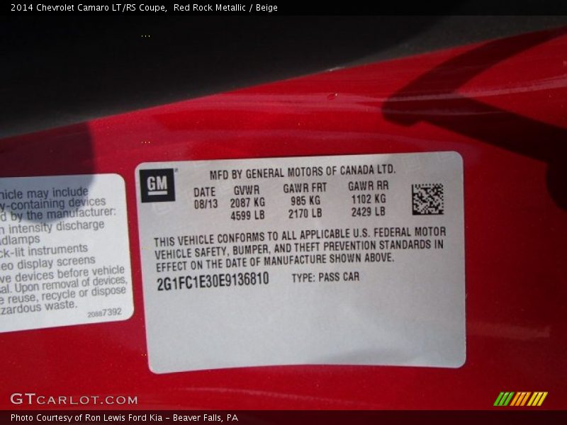 Info Tag of 2014 Camaro LT/RS Coupe