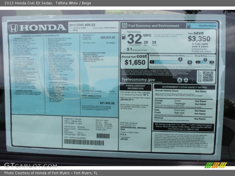 Taffeta White / Beige 2013 Honda Civic EX Sedan