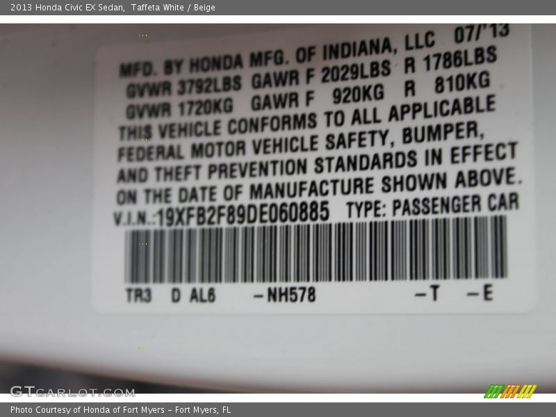 Taffeta White / Beige 2013 Honda Civic EX Sedan