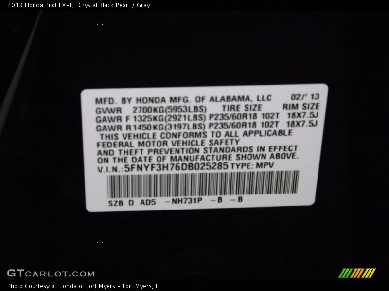 Crystal Black Pearl / Gray 2013 Honda Pilot EX-L