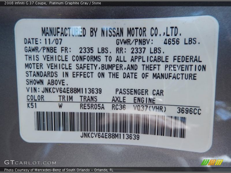 Platinum Graphite Gray / Stone 2008 Infiniti G 37 Coupe