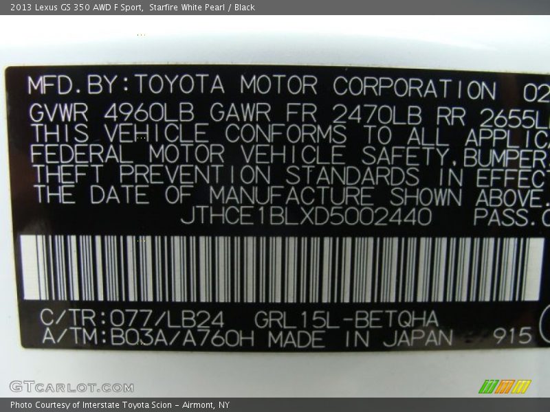Starfire White Pearl / Black 2013 Lexus GS 350 AWD F Sport