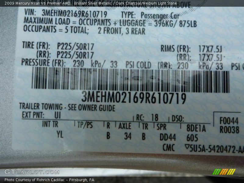 2009 Milan V6 Premier AWD Brilliant Silver Metallic Color Code UI