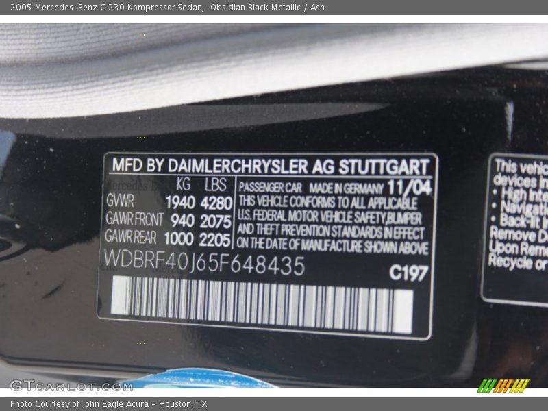 Obsidian Black Metallic / Ash 2005 Mercedes-Benz C 230 Kompressor Sedan
