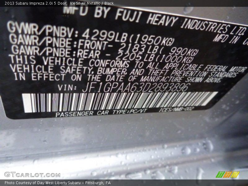 Ice Silver Metallic / Black 2013 Subaru Impreza 2.0i 5 Door