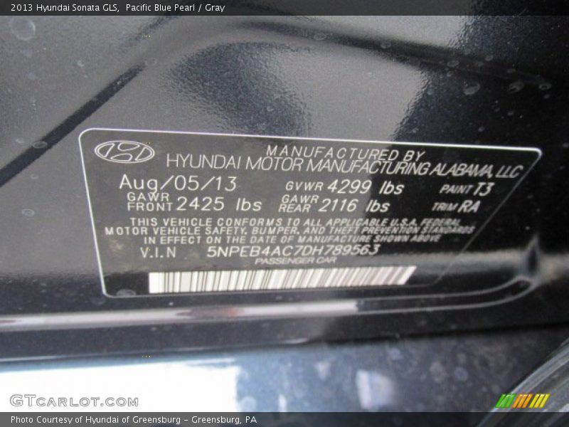 Pacific Blue Pearl / Gray 2013 Hyundai Sonata GLS