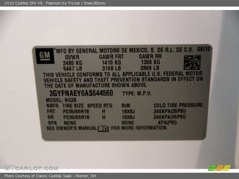 Platinum Ice Tricoat / Shale/Ebony 2010 Cadillac SRX V6