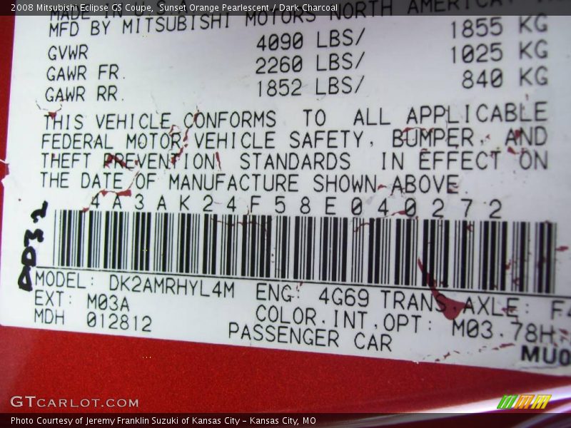 Sunset Orange Pearlescent / Dark Charcoal 2008 Mitsubishi Eclipse GS Coupe