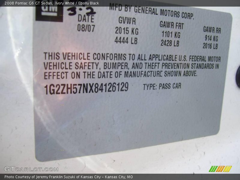 Ivory White / Ebony Black 2008 Pontiac G6 GT Sedan
