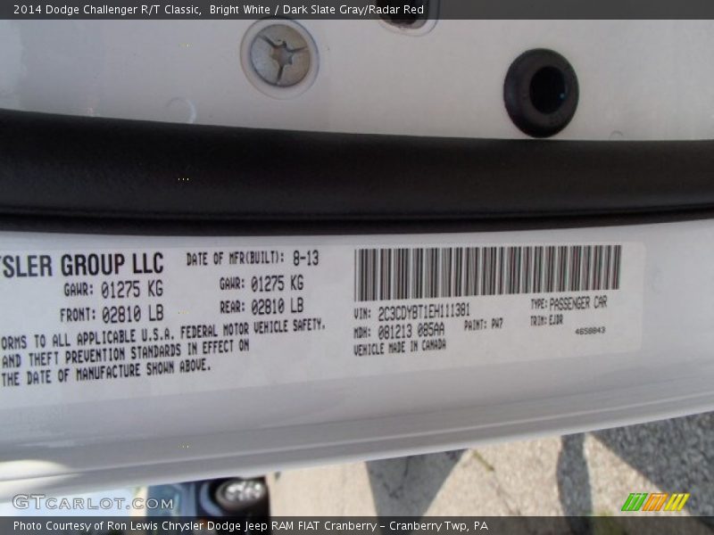 2014 Challenger R/T Classic Bright White Color Code PW7
