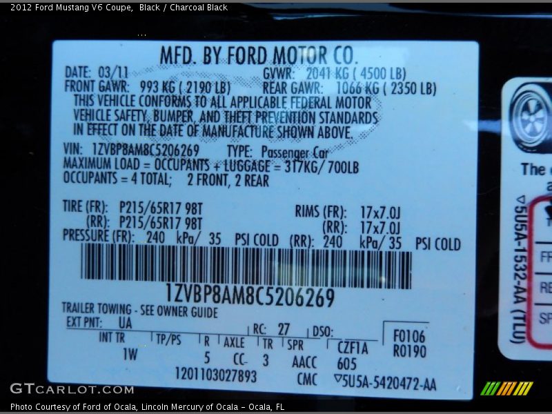 Black / Charcoal Black 2012 Ford Mustang V6 Coupe