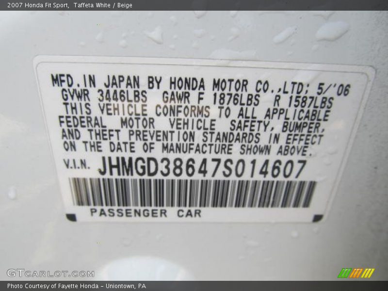 Taffeta White / Beige 2007 Honda Fit Sport