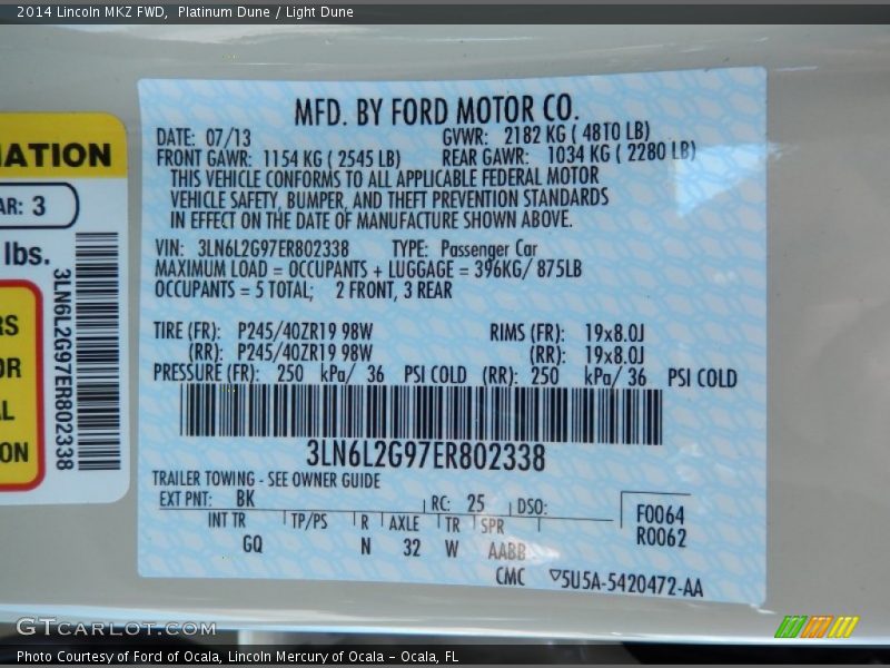 2014 MKZ FWD Platinum Dune Color Code BK