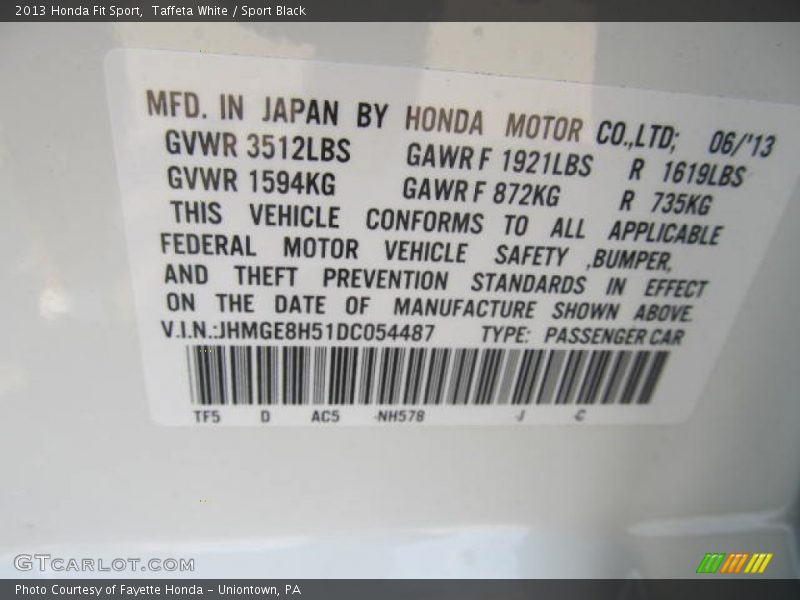 Taffeta White / Sport Black 2013 Honda Fit Sport