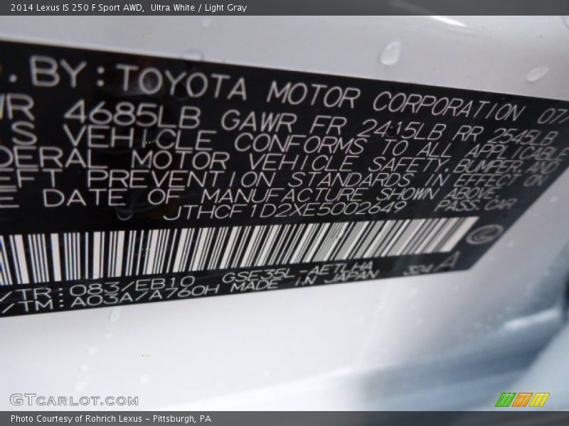 2014 IS 250 F Sport AWD Ultra White Color Code 083