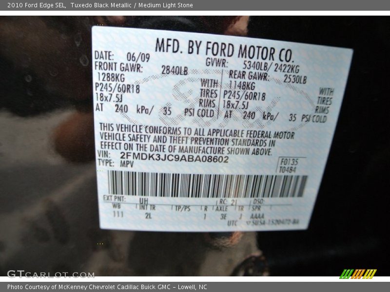 Tuxedo Black Metallic / Medium Light Stone 2010 Ford Edge SEL