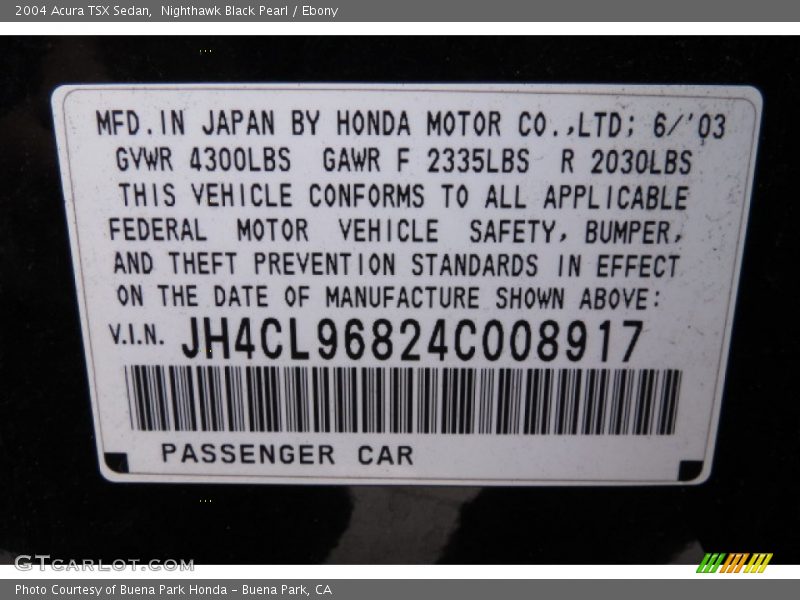 Nighthawk Black Pearl / Ebony 2004 Acura TSX Sedan