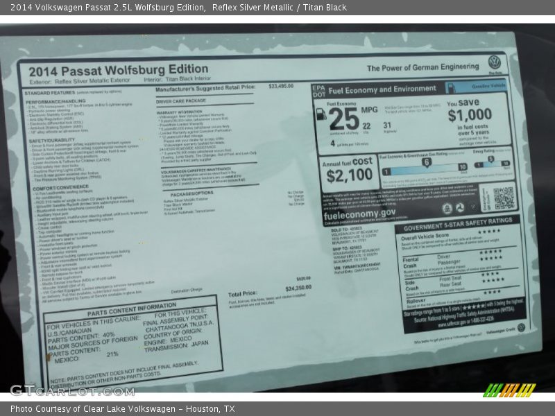 Reflex Silver Metallic / Titan Black 2014 Volkswagen Passat 2.5L Wolfsburg Edition