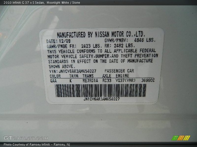 Moonlight White / Stone 2010 Infiniti G 37 x S Sedan