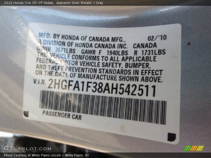 Alabaster Silver Metallic / Gray 2010 Honda Civic DX-VP Sedan