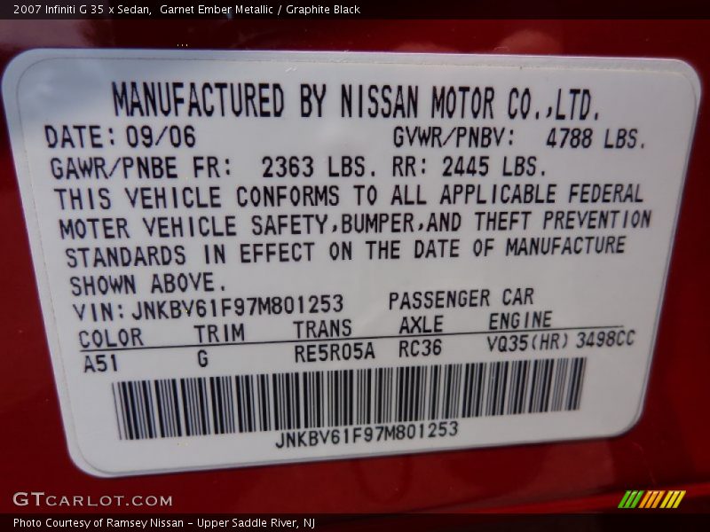Garnet Ember Metallic / Graphite Black 2007 Infiniti G 35 x Sedan