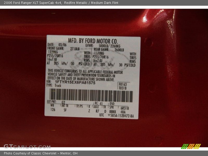 2006 Ranger XLT SuperCab 4x4 Redfire Metallic Color Code G2