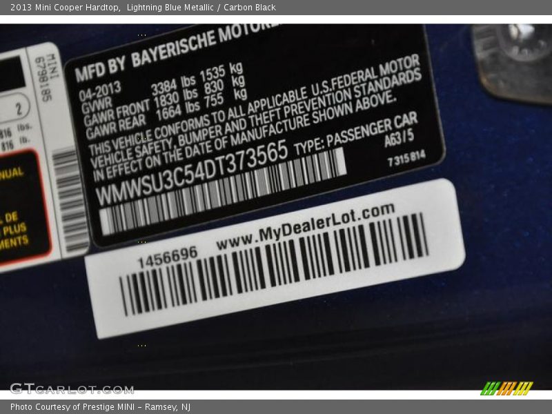 Lightning Blue Metallic / Carbon Black 2013 Mini Cooper Hardtop