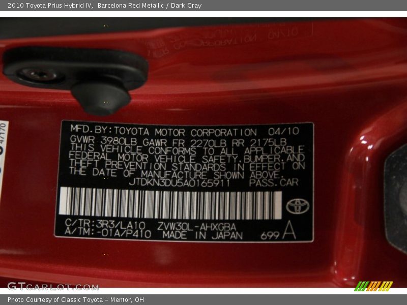 Barcelona Red Metallic / Dark Gray 2010 Toyota Prius Hybrid IV