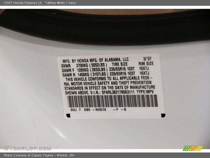 2007 Odyssey LX Taffeta White Color Code NH578