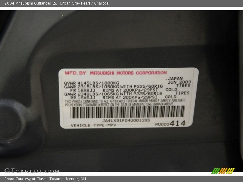 Urban Gray Pearl / Charcoal 2004 Mitsubishi Outlander LS