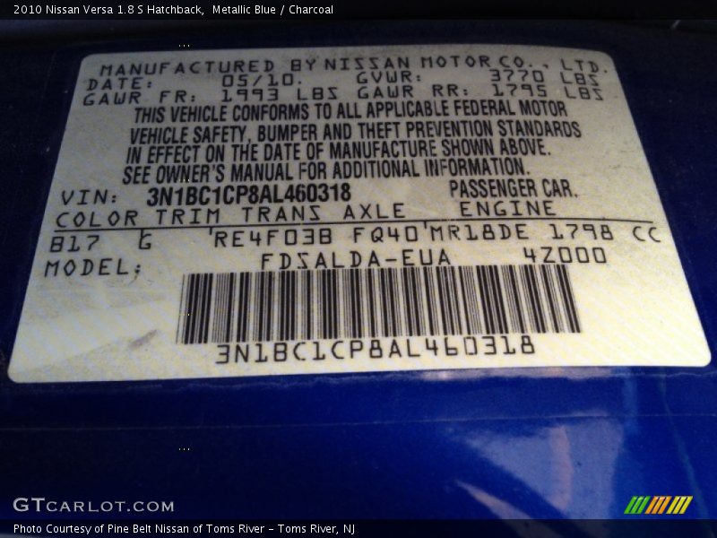 Metallic Blue / Charcoal 2010 Nissan Versa 1.8 S Hatchback