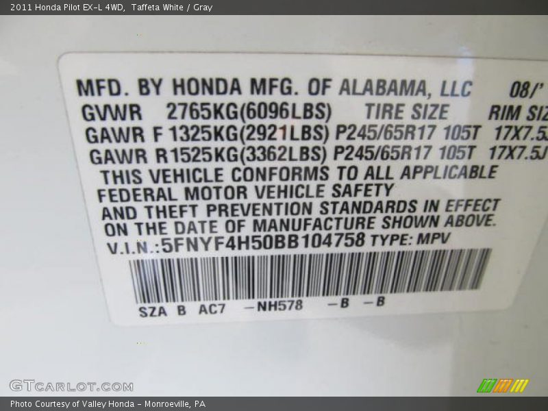 Taffeta White / Gray 2011 Honda Pilot EX-L 4WD