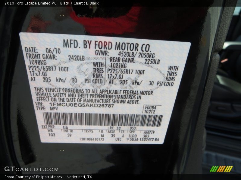 Black / Charcoal Black 2010 Ford Escape Limited V6