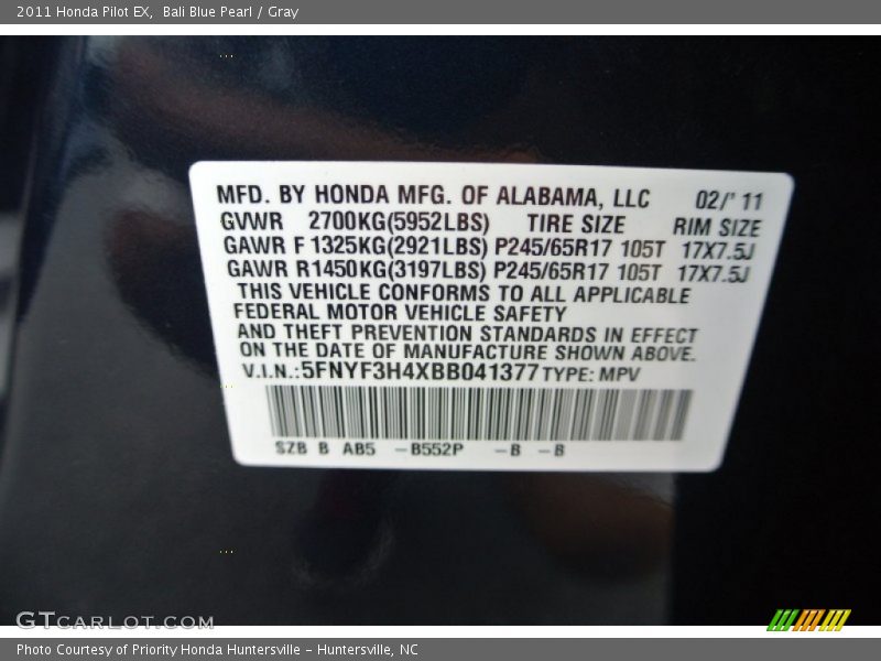 Bali Blue Pearl / Gray 2011 Honda Pilot EX