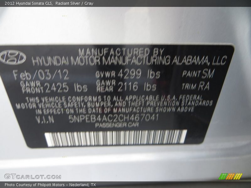 Radiant Silver / Gray 2012 Hyundai Sonata GLS