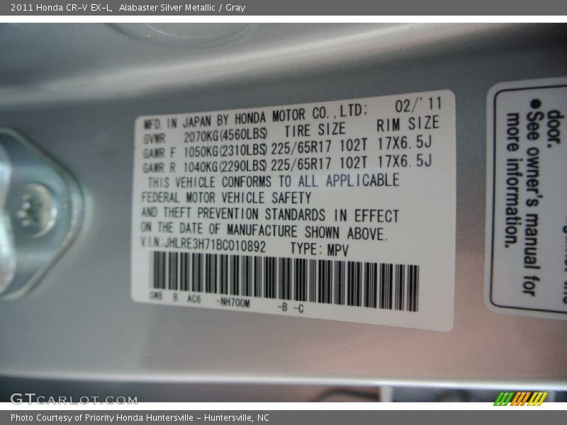 Alabaster Silver Metallic / Gray 2011 Honda CR-V EX-L