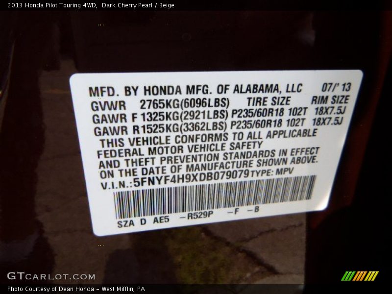 Dark Cherry Pearl / Beige 2013 Honda Pilot Touring 4WD