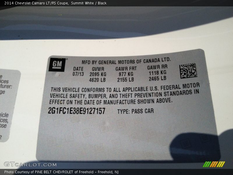 Summit White / Black 2014 Chevrolet Camaro LT/RS Coupe