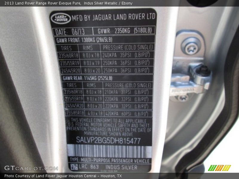 2013 Range Rover Evoque Pure Indus Silver Metallic Color Code 863