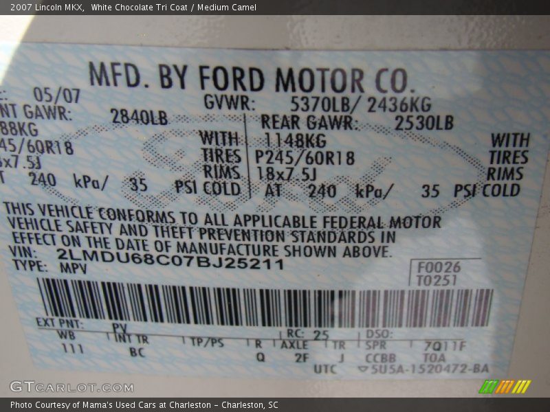 2007 MKX  White Chocolate Tri Coat Color Code PV