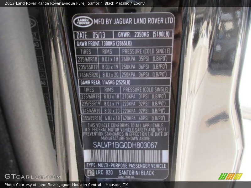 Santorini Black Metallic / Ebony 2013 Land Rover Range Rover Evoque Pure