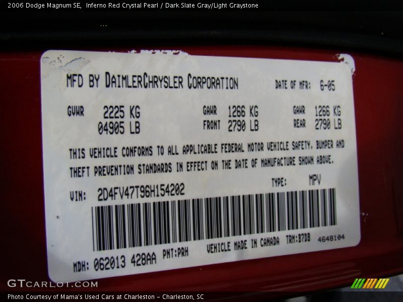 Inferno Red Crystal Pearl / Dark Slate Gray/Light Graystone 2006 Dodge Magnum SE
