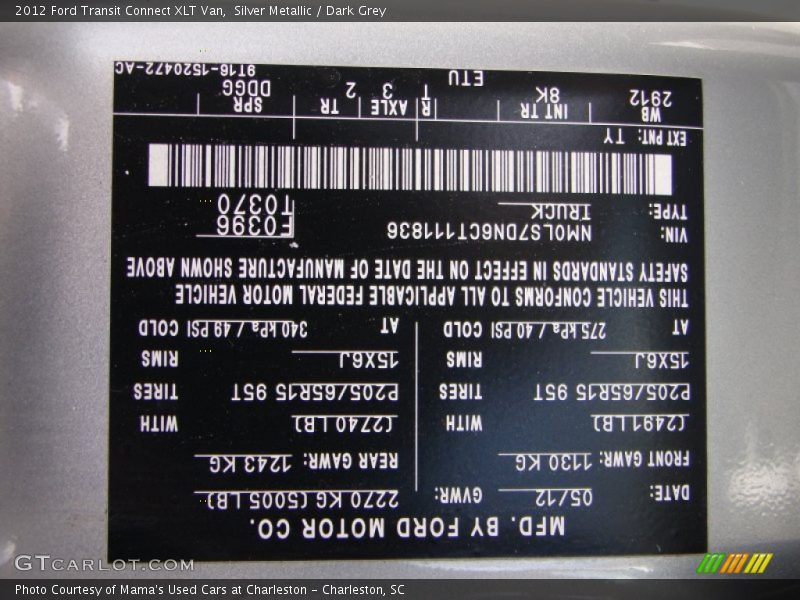 Silver Metallic / Dark Grey 2012 Ford Transit Connect XLT Van