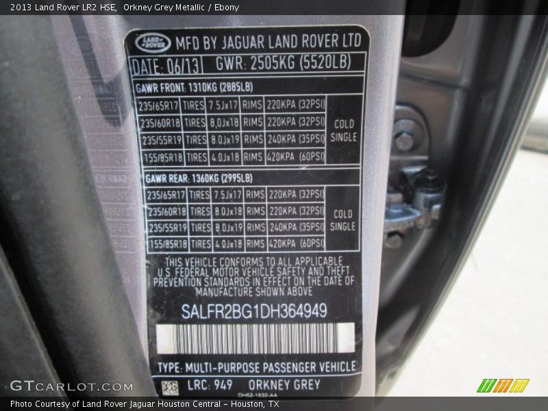 2013 LR2 HSE Orkney Grey Metallic Color Code 949