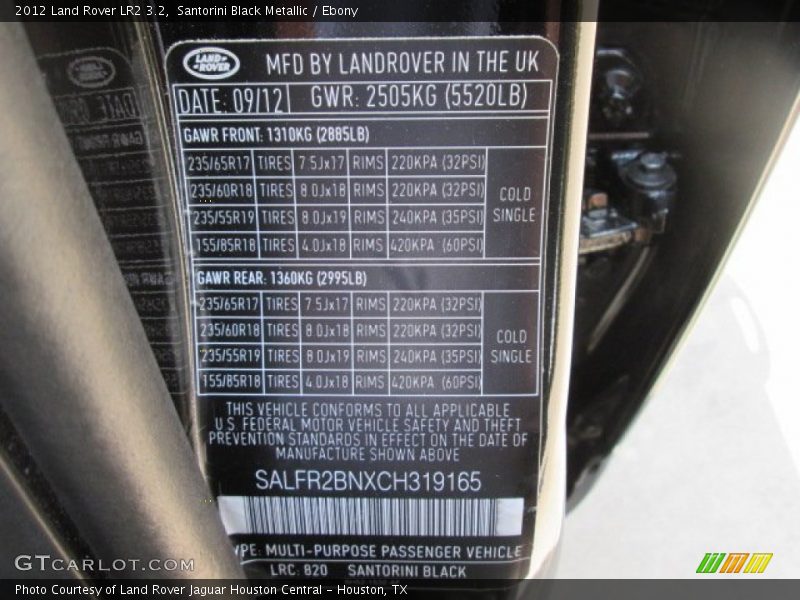 Santorini Black Metallic / Ebony 2012 Land Rover LR2 3.2