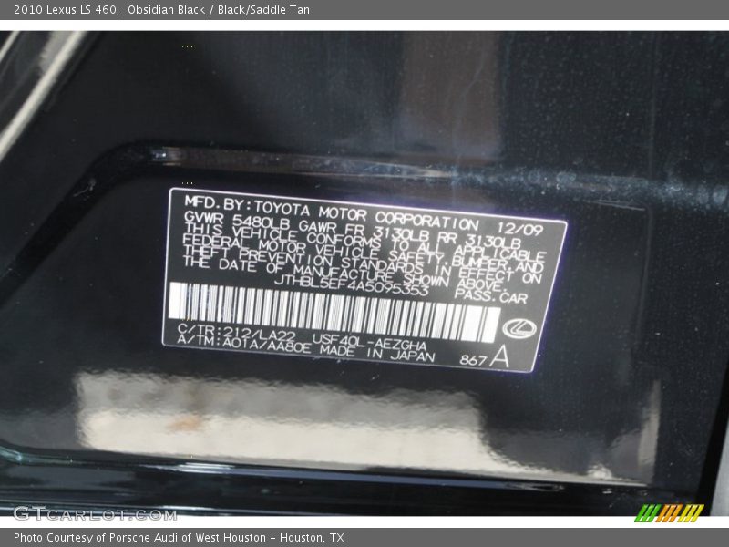 2010 LS 460 Obsidian Black Color Code 212