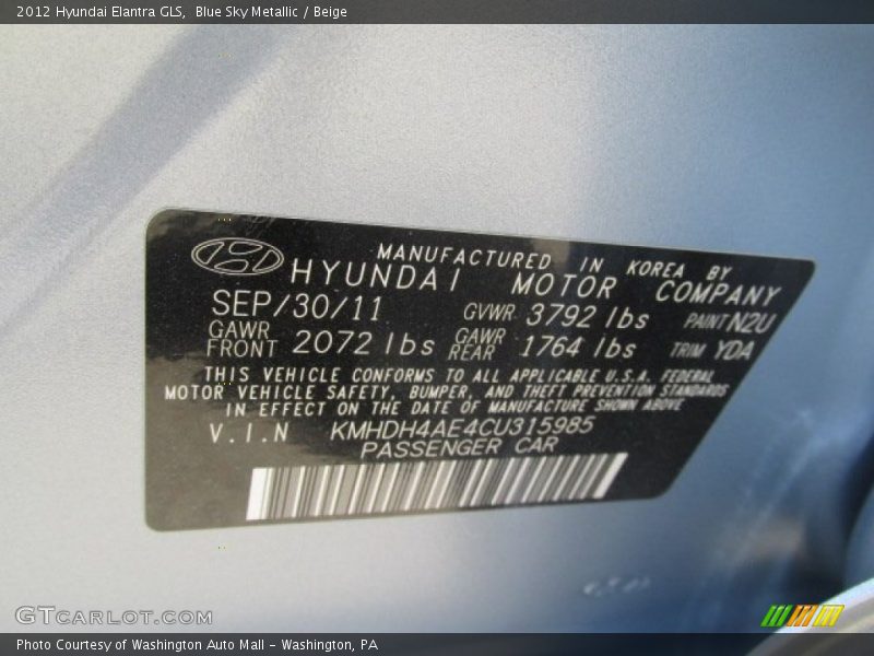 Blue Sky Metallic / Beige 2012 Hyundai Elantra GLS