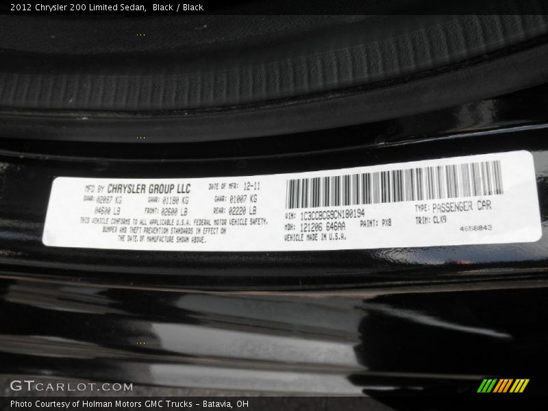 Black / Black 2012 Chrysler 200 Limited Sedan