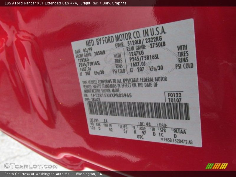 Bright Red / Dark Graphite 1999 Ford Ranger XLT Extended Cab 4x4