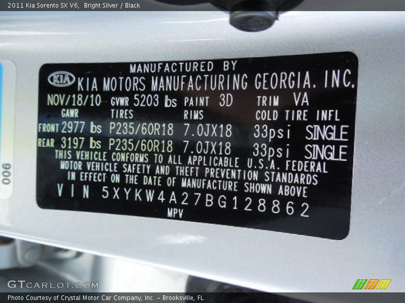 Bright Silver / Black 2011 Kia Sorento SX V6